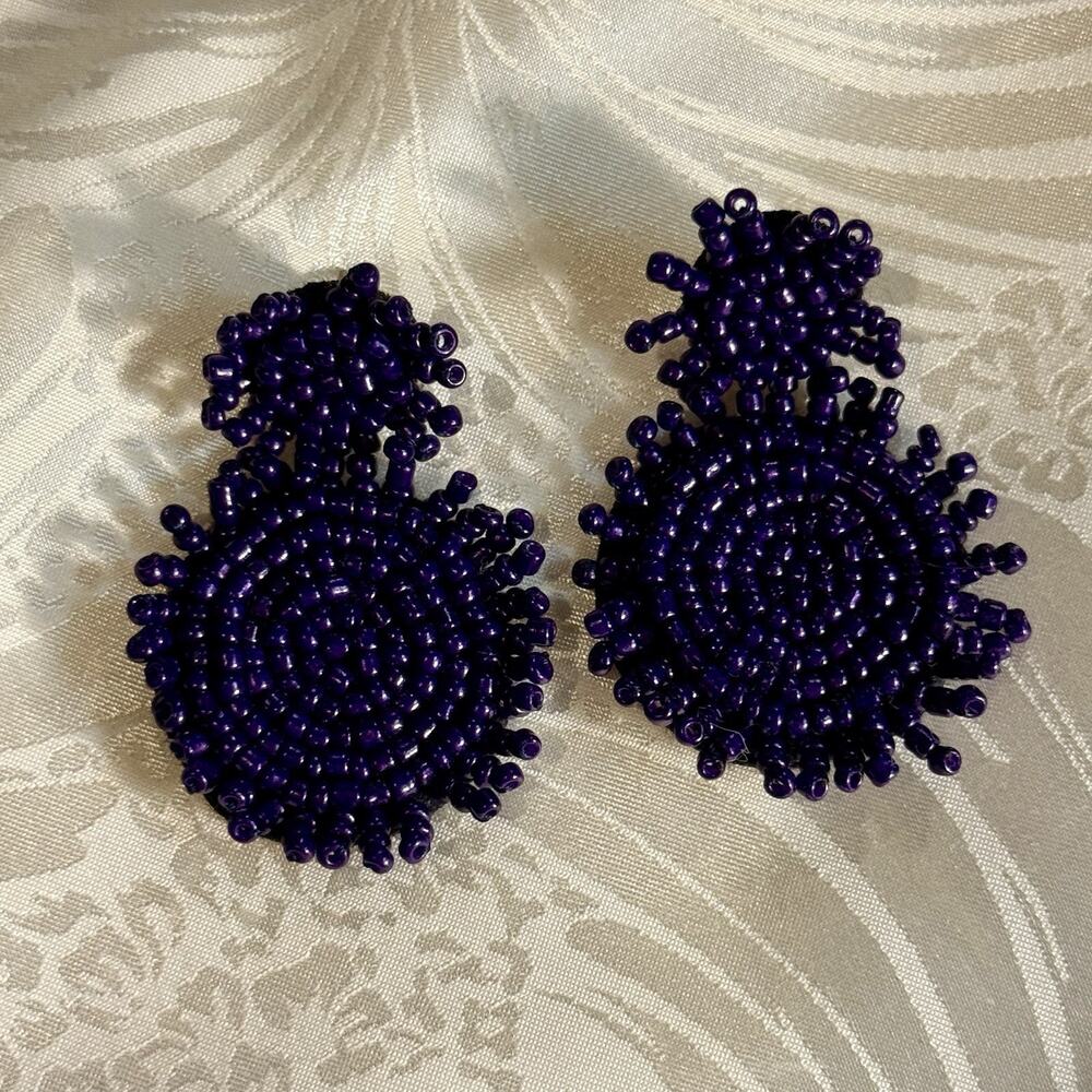 Purple Boho Artsy Seed Bead Round Dangle Statement Earrings 2”